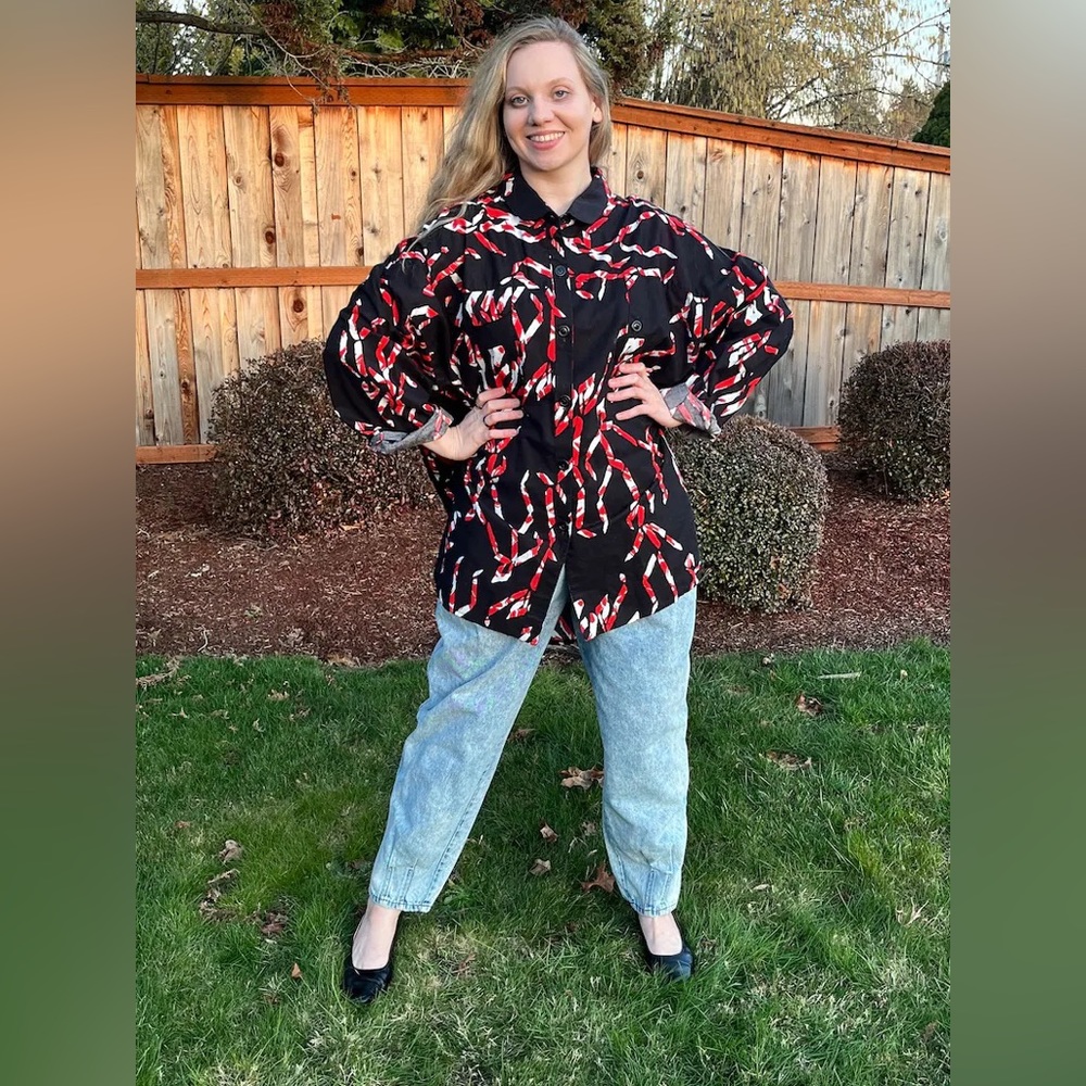 80s Oversized Button Down Cotton Abstract Print Shirt by Lady Lewis Los Angelos